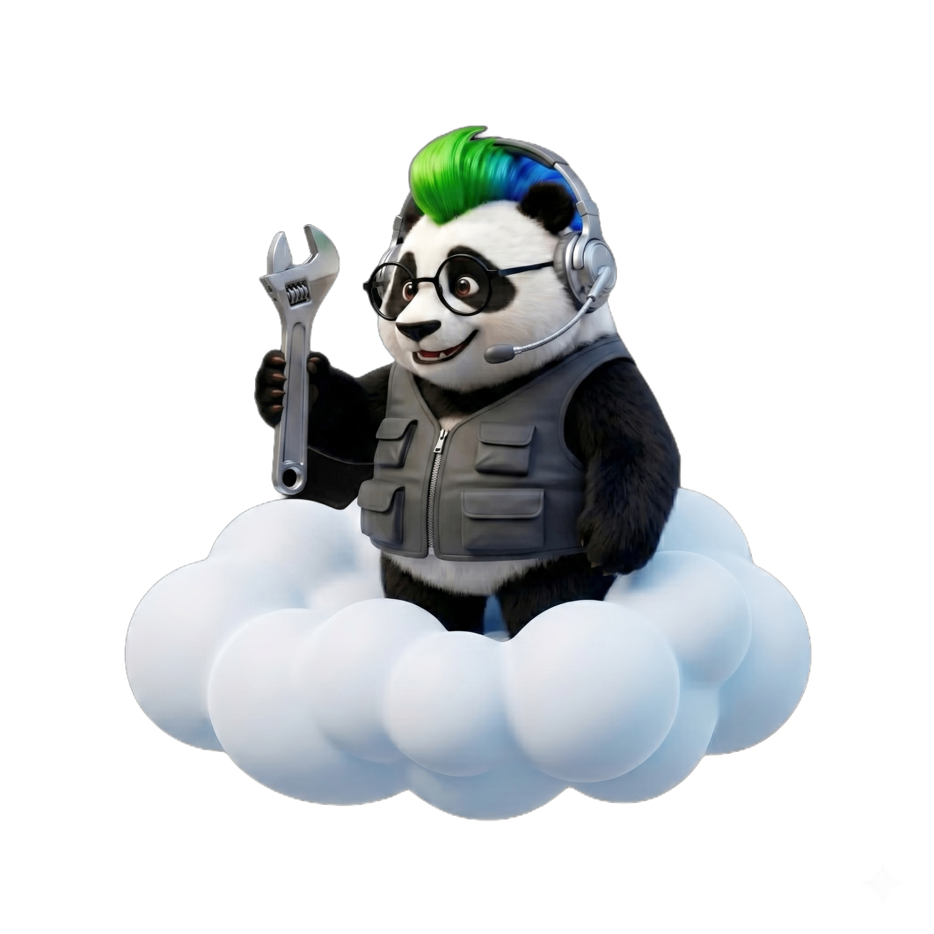 CloudPandas Maskottchen mit Headset und Service-Checkliste
