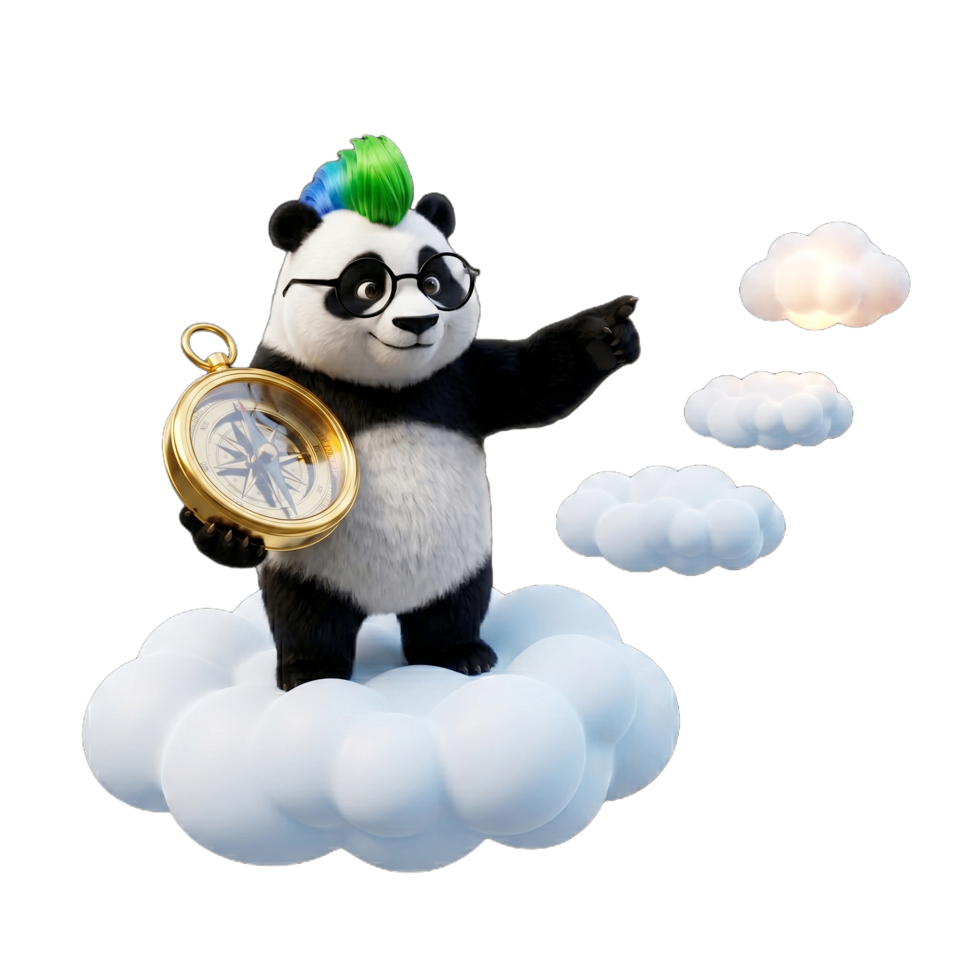 CloudPandas Consulting-Panda mit Kompass über den Wolken